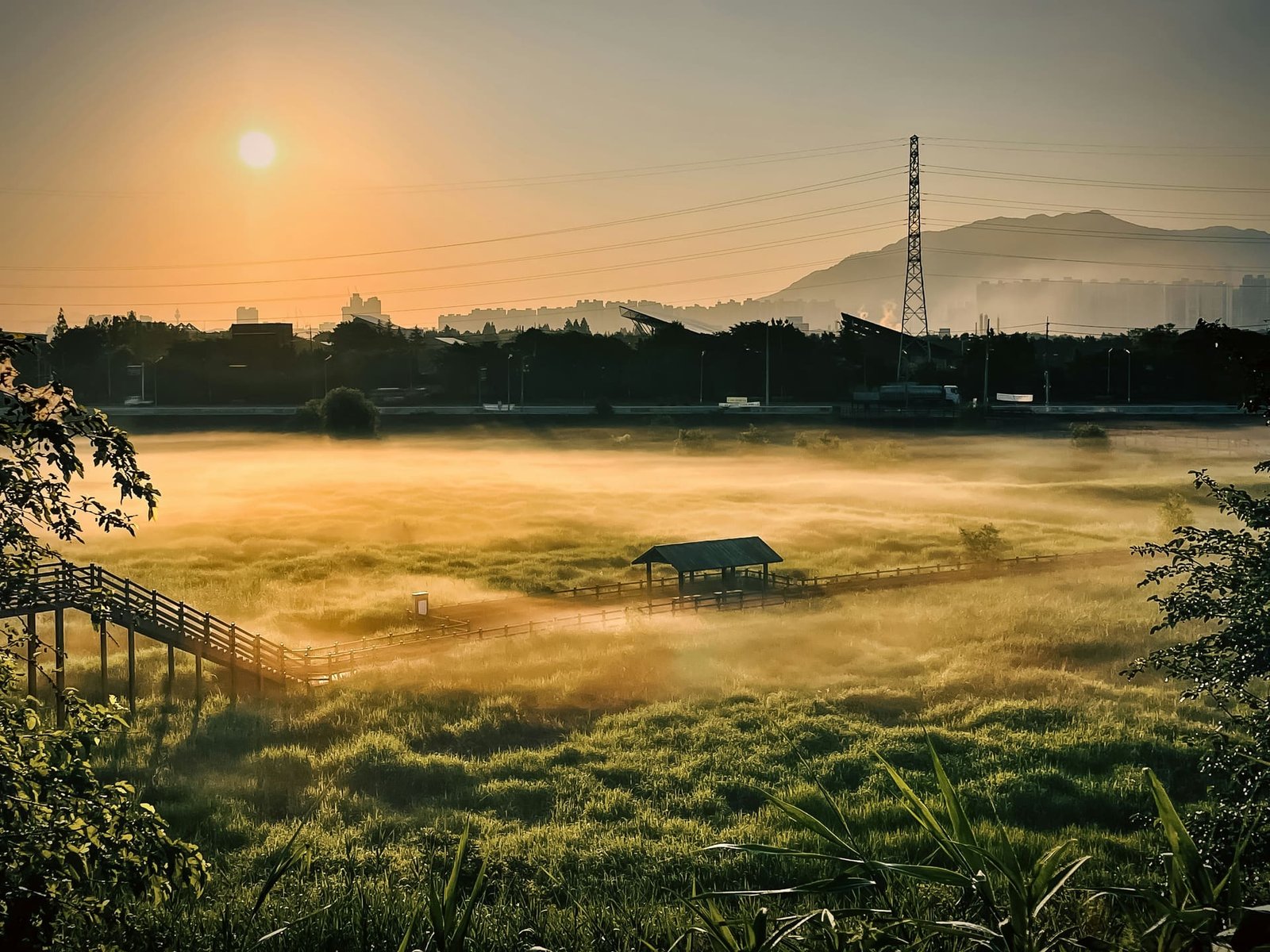 A fog-covered meadow at sunrise, a wooden boardwalk leading to a small shelter, a transmission tower and a city skyline in the haze beyond.